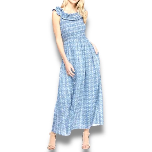Gal Meets Glam Collection Blue Floral Print Ruffle Neck Sleeveless Maxi Dress 6 - Picture 1 of 11